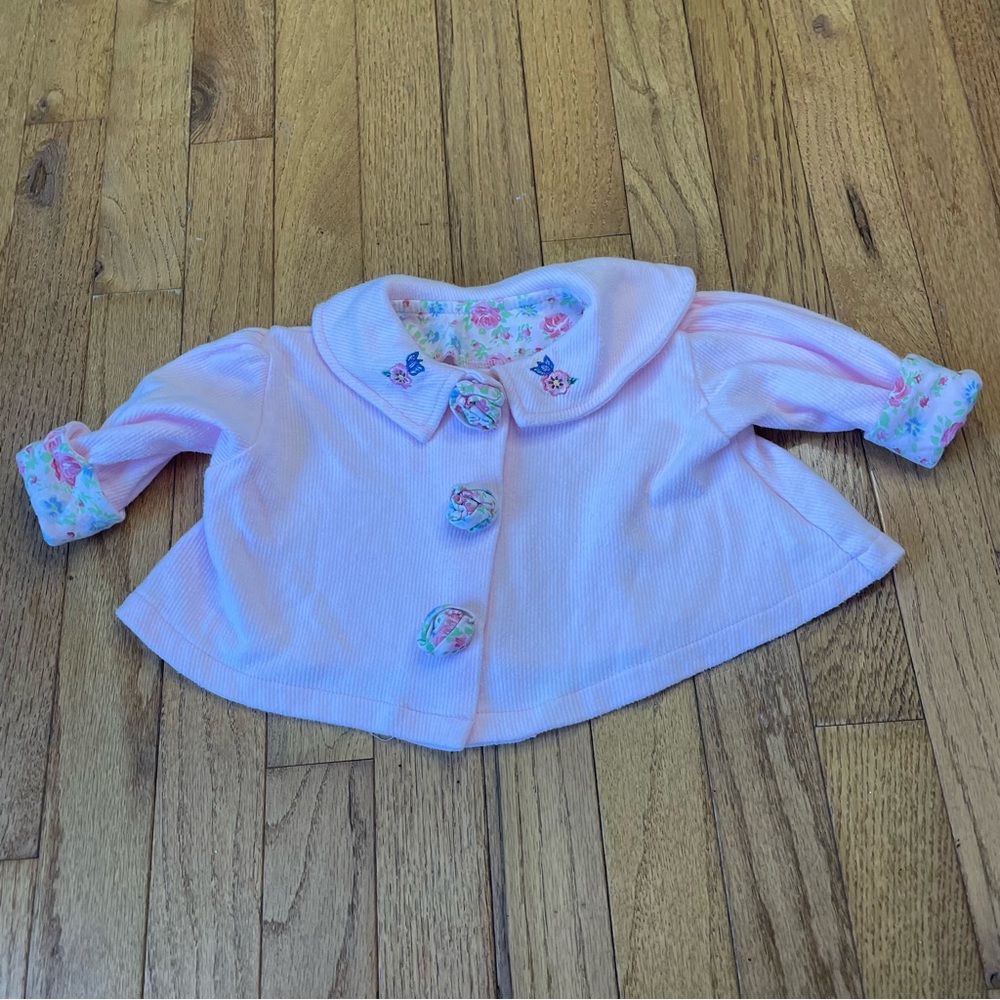 VINTAGE LITTLE BY LITTLE PINK ROSE BUTTON SNAP CARDIGAN SIZE 0/6 MONTHS